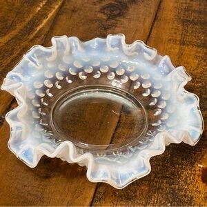 Vintage Fenton Blue Opalescent Ruffled Hobnail Bowl!